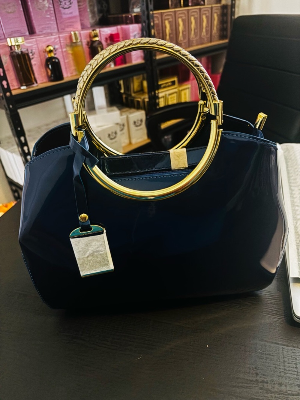 Navy Patent Handbag with Gold Ring Handles